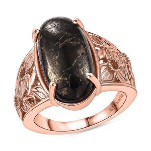 Matrix Silver Shungite Flower Design Ring in 18K RG Plating -  Size 8